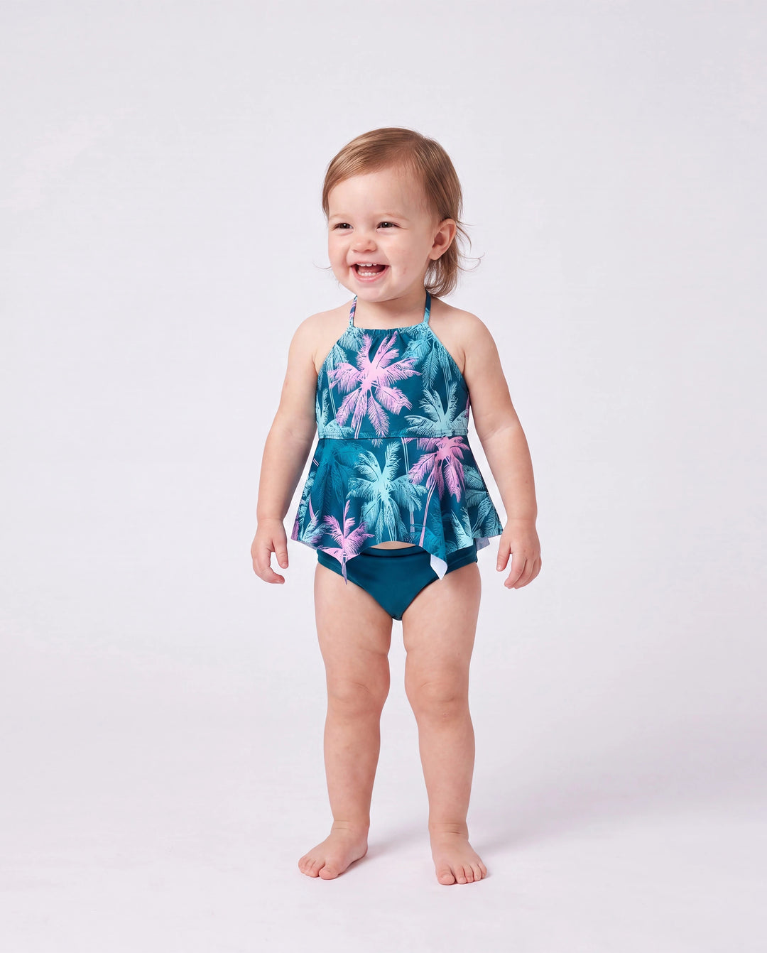 Trajes de baño familiares a juego con estampado tropical de palmeras, traje de baño de dos piezas con volantes para mamá y yo, bañadores para papá e hijo, ropa de playa para vacaciones Turquesa