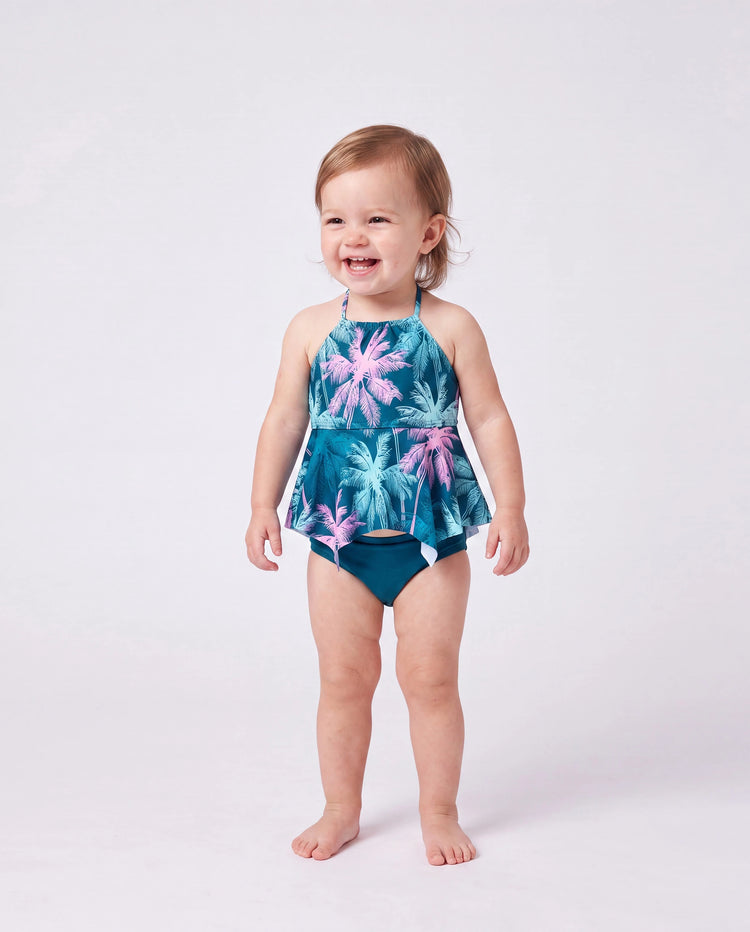 Trajes de baño familiares a juego con estampado tropical de palmeras, traje de baño de dos piezas con volantes para mamá y yo, bañadores para papá e hijo, ropa de playa para vacaciones Turquesa