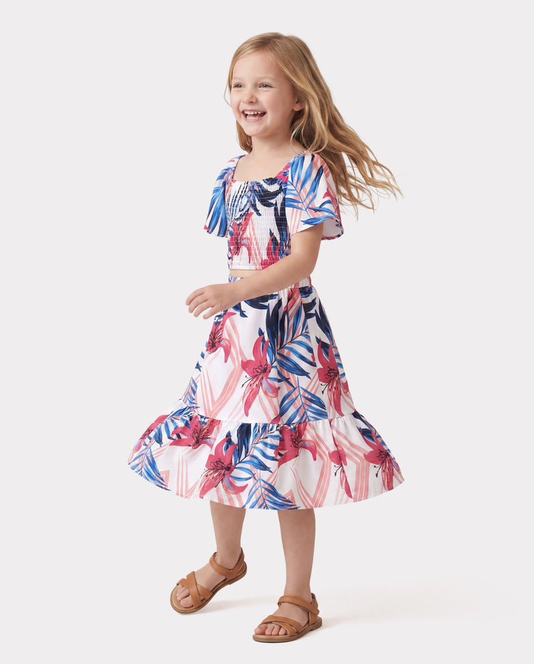 Tropische Blumen Familie Passende Outfits Rosa Blau Blattdruck Kurzarmhemd oder eine Schulter gesmoktes Oberteil und Rock Kombinationsset für Urlaub, Kreuzfahrt, Strand weiß