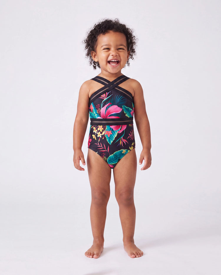 Family Matching Allover Plant Print Crisscross One-Piece Swimsuit and Swim Trunks Black