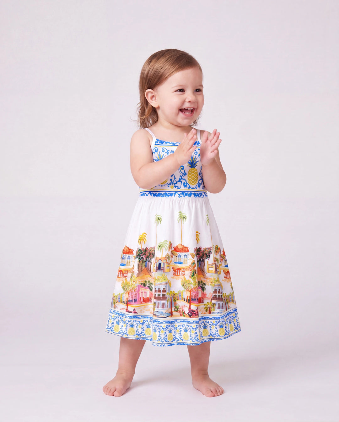 Daddy & Daughter Vacation Set Tropical Pineapple Coconut Tree Print Short-sleeve T-shirt or Hollow out Strap Dress for Summer Vacation White