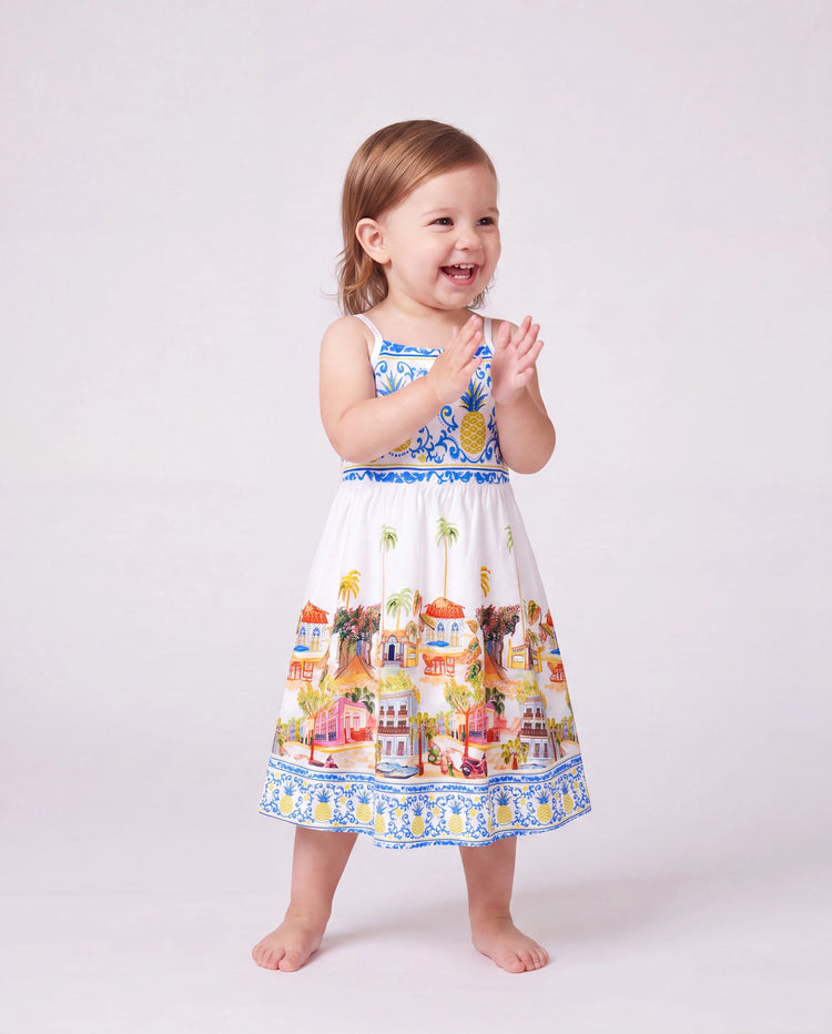 Daddy & Daughter Vacation Set Tropical Pineapple Coconut Tree Print Short-sleeve T-shirt or Hollow out Strap Dress for Summer Vacation White