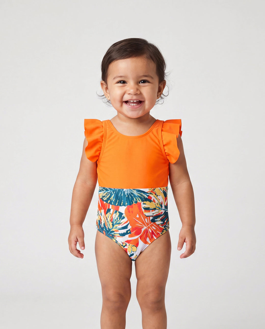 Mommy & me Orange and All Over Tropical Plant Print Splicing Ruffle One-Piece Swimsuit Orange color
