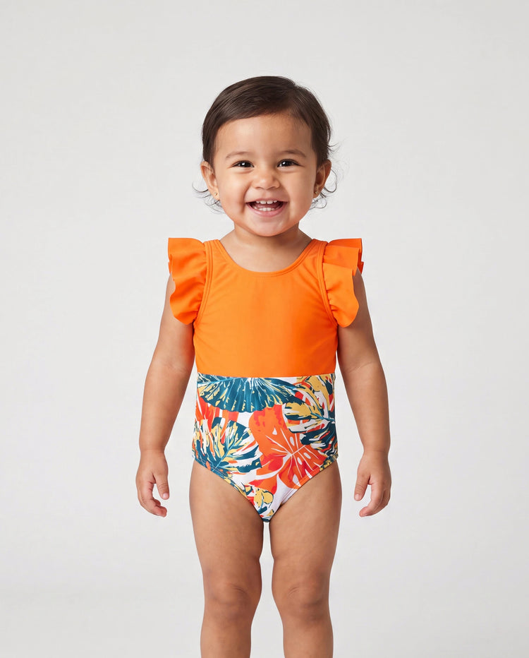 Mommy & me Orange and All Over Tropical Plant Print Splicing Ruffle One-Piece Swimsuit Orange color