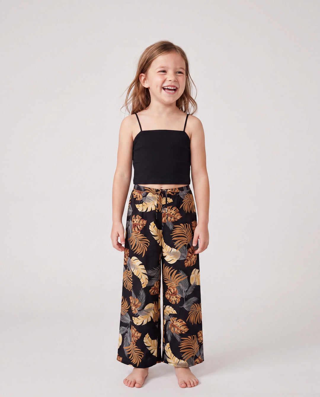 Daddy & Daughter Floral Print Beach Wear Short-sleeve Shirt or Camisole top and Wide-Leg Pants Set for Summer Vacation Family Looks Black+White