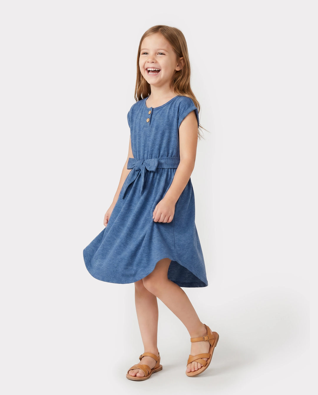 Family Matching Soft Casual Outfit with Below Knee Dresses, Front Buttons, Belted Design Blue