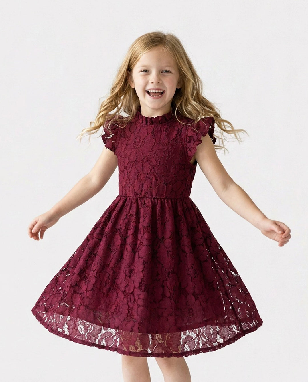 Family Matching Sets Plaid Shirt or Red Wine Lace Ruffle Sleeve A-Line Dress WineRed