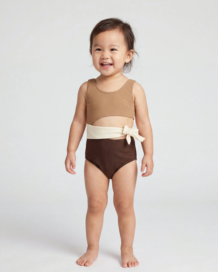Mommy & me Color Block Swimsuits, Mommy and Me One-Shoulder Cutout Bikini Set Summer Beach Vacation Swimwear Coffee