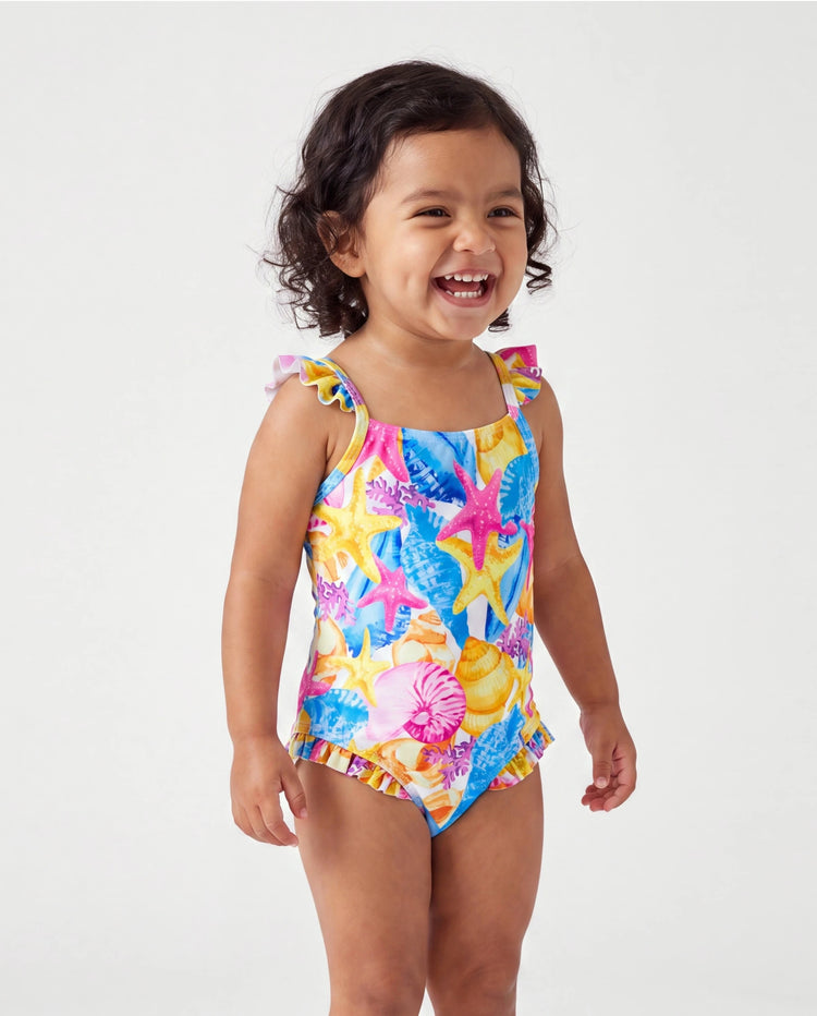 Daddy & Daughter Seashell & Starfish Print Swimsuits Ruched One-Piece & Swim Trunks Set Multi-color