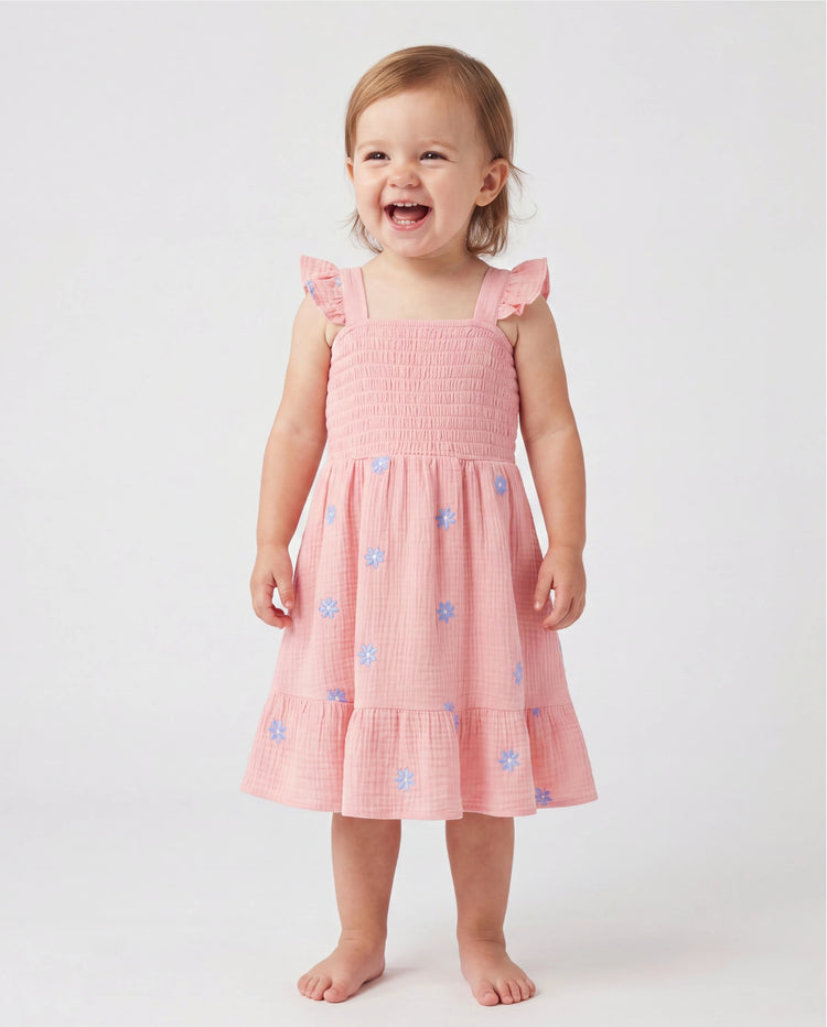 Tenues assorties maman et moi roses Robe en coton à fleurs smockée avec lien au dos pour maman et fille, chemises unies pour fils, parfait pour sorties familiales et photos d'été Rose mauve