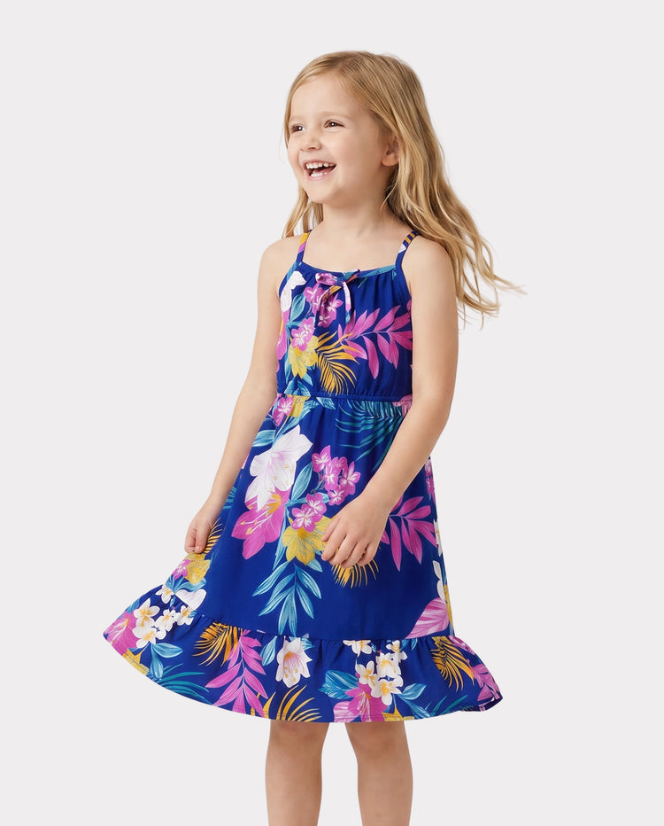 Conjuntos hawaianos familiares a juego: vestido de tirantes con estampado floral tropical o conjunto de camisa y pantalones cortos de manga corta, conjunto de ropa de playa de verano para vacaciones, azul profundo