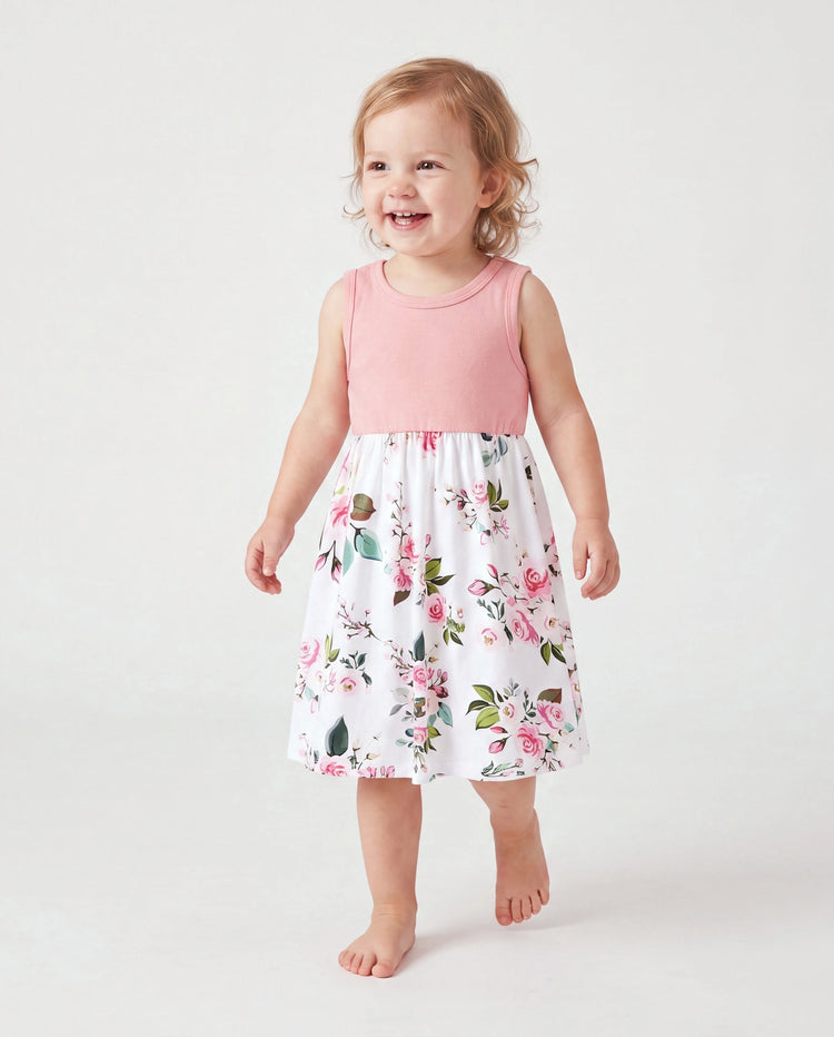 Conjuntos familiares a juego para mamá y yo Vestidos midi sin mangas con estampado floral combinado en rosa y polos de manga corta con bloques de color Rosa