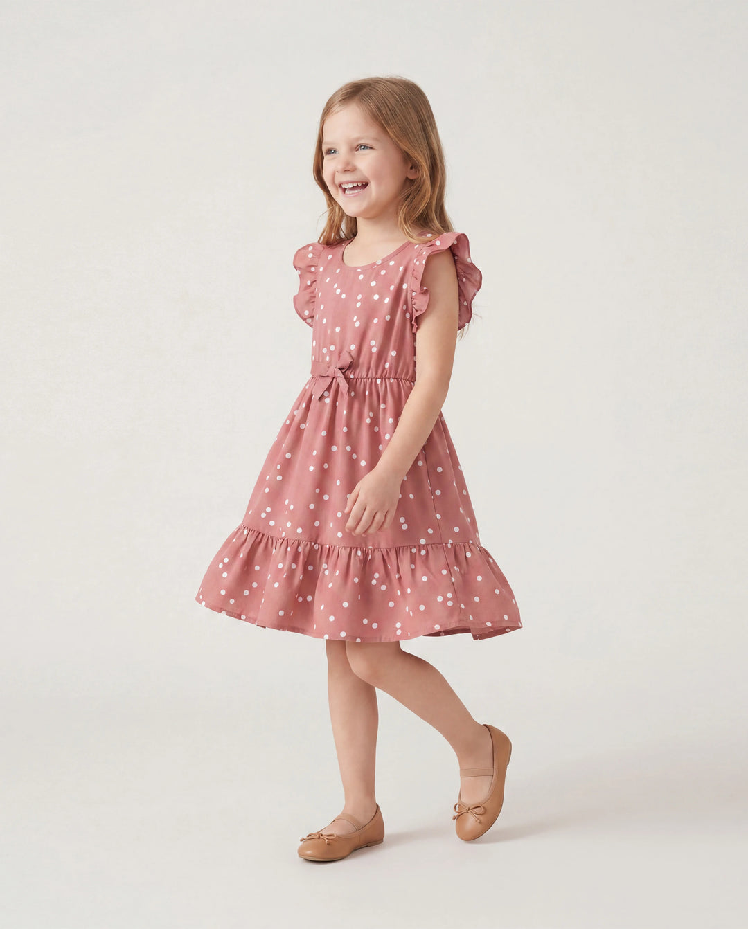 All Over Dots Pink Cross Wrap V Neck Ruffle Flutter-sleeve Dress for Mom and Me PinkyWhite