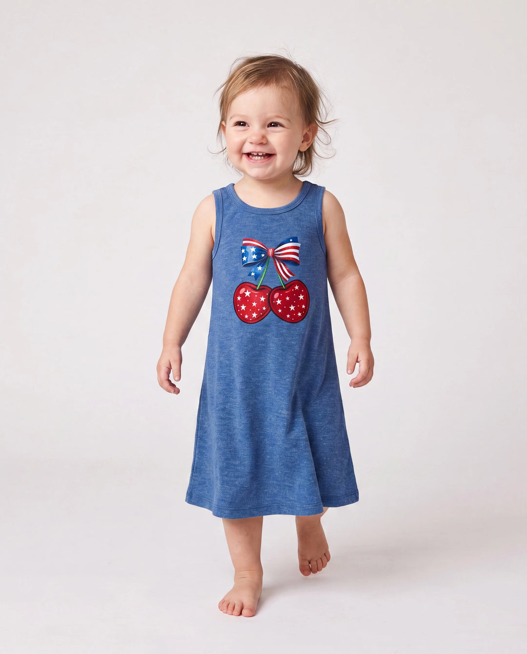 Independence Day Mommy and Me Patriotic Cherry Print Casual Sleeveless Dress Blue