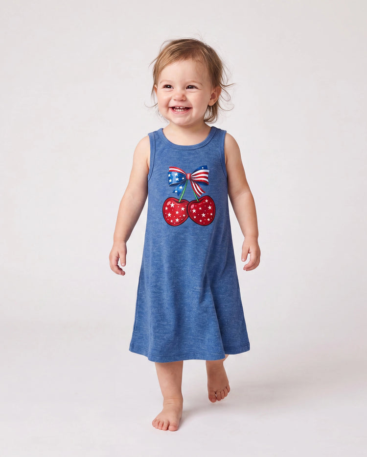 Independence Day Mommy and Me Patriotic Cherry Print Casual Sleeveless Dress Blue