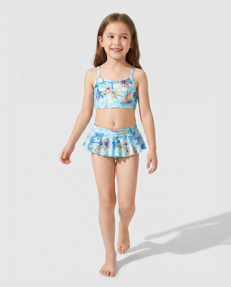 Maillots de bain Papa & Fille Imprimé tropical, Maillot deux pièces fille pour vacances d'été à la plage Bleu clair