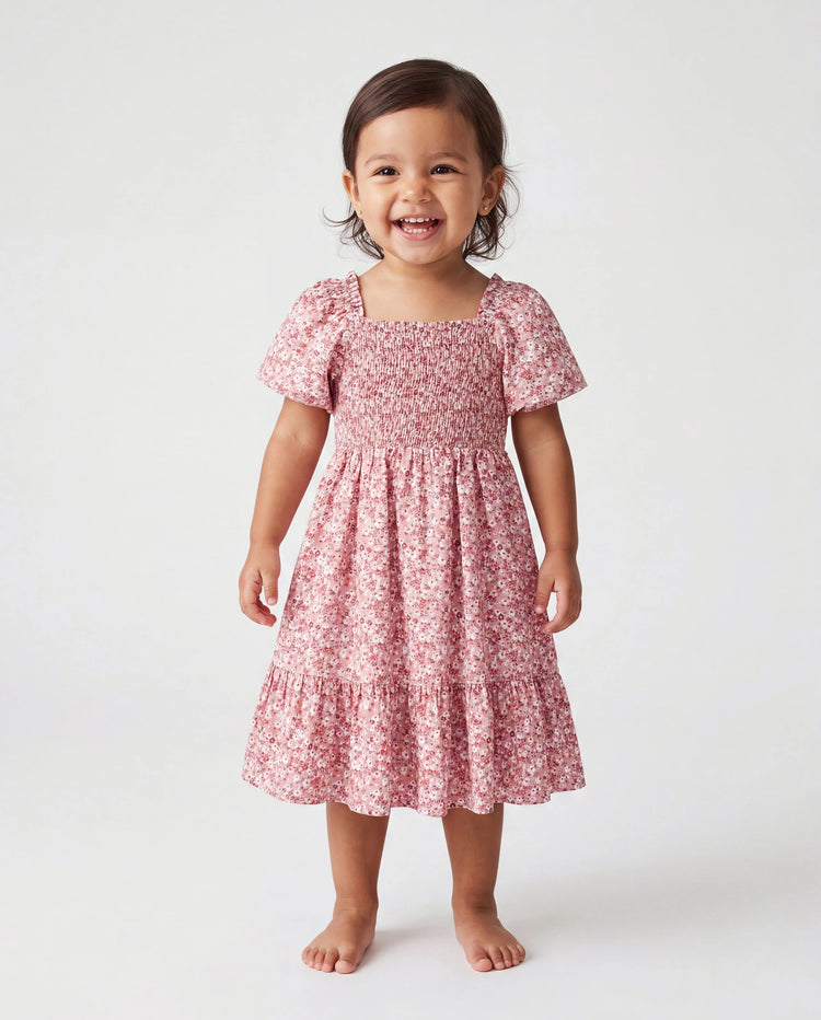 Conjunto Mamá y Yo Vestido con Fruncido, Mangas Abullonadas y Estampado Floral Azul y Rosa