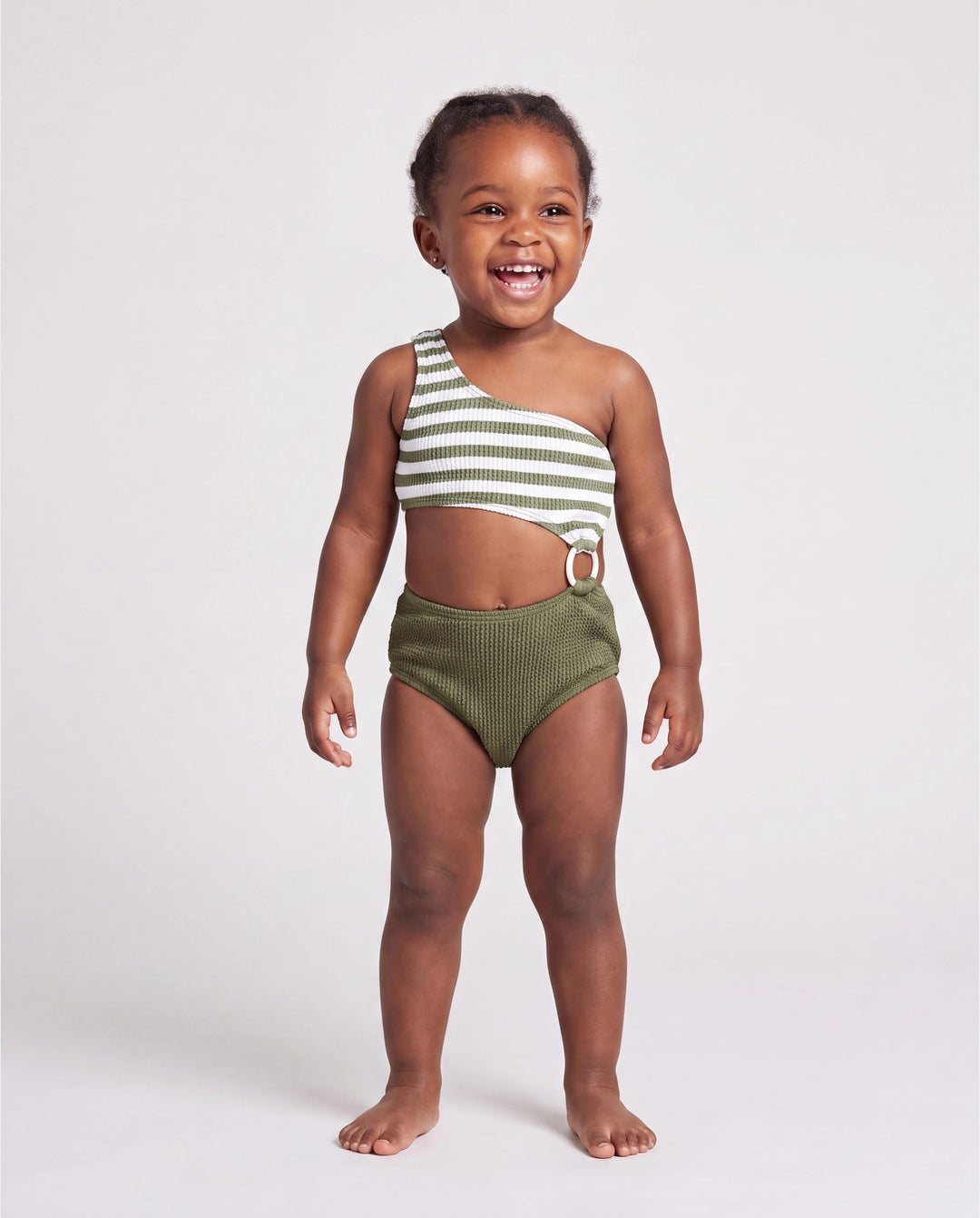 Passende Familien-Badehose mit Farbblock-Streifen oder einteiliger One-Shoulder-Badeanzug Armeegrün
