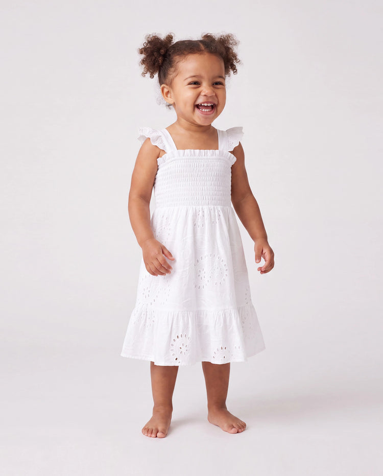 Vestidos de algodón a juego para mamá y yo Vestidos fruncidos con ojales y tirantes con volantes, perfectos para salidas y fotos familiares en verano Blanco