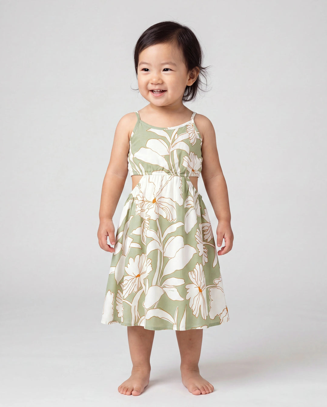 Mommy & me Outfits Tropical Floral Print Strap Dress or Short-sleeve Colorblock Shirts Set Pale Green