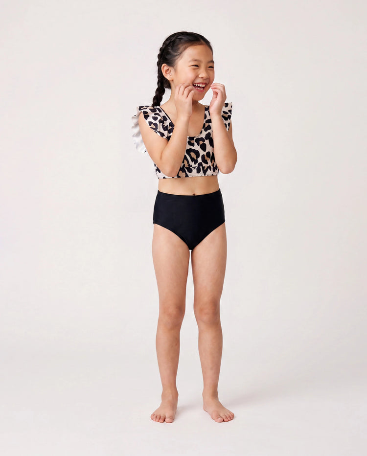 Family Matching Leopard Pattern Drawstring Swim Trunks or Ruffle Neck Two-Piece Bikini with Optional Cover Up Sarong Skirt Black
