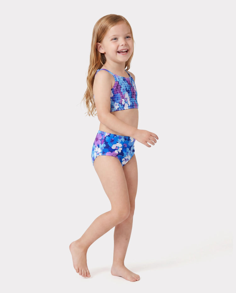 Traje de baño de dos piezas con tirantes fruncidos y estampado floral para toda la familia, color morado