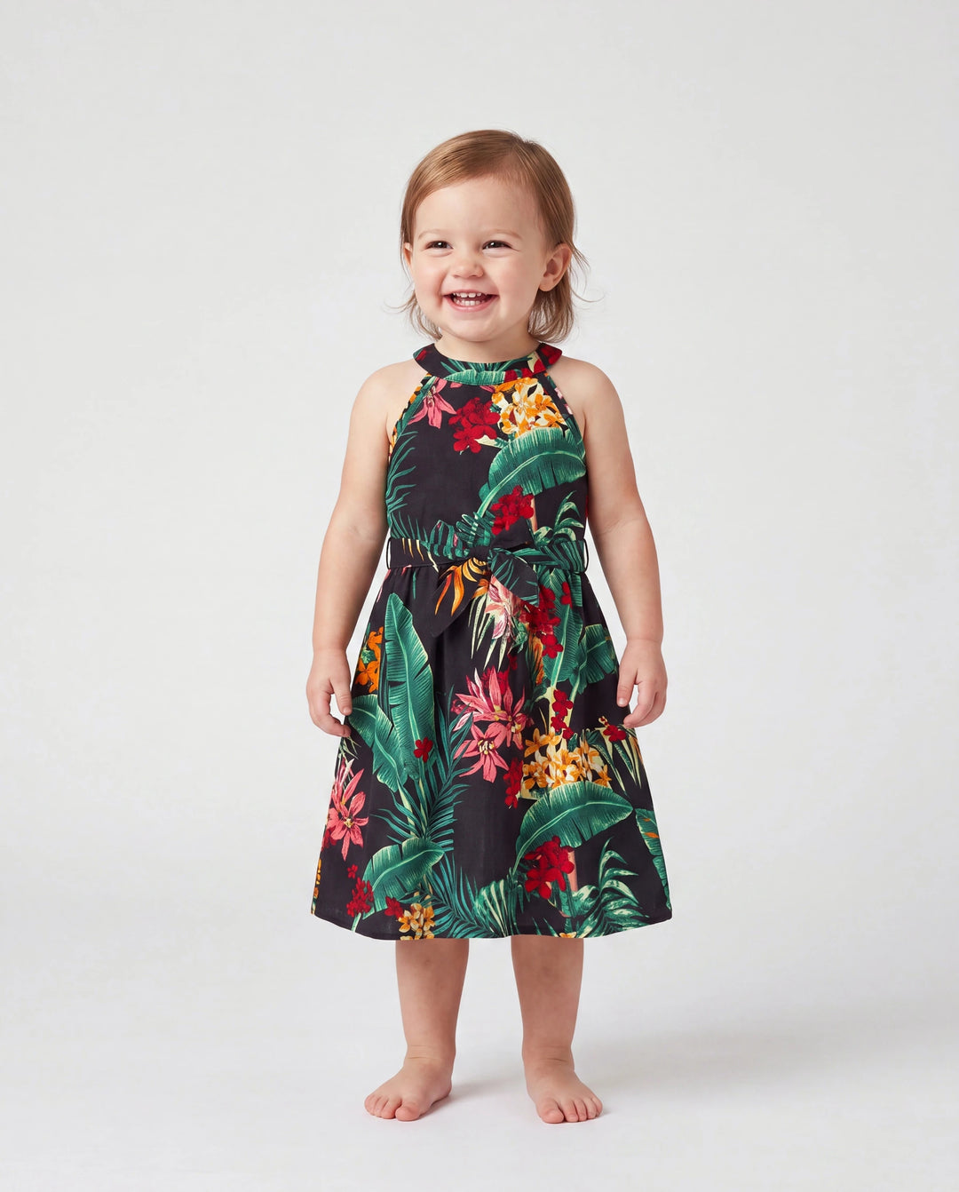 Conjuntos familiares a juego para mamá y yo Vestidos halter con estampado floral de plantas por completo y conjuntos de camisas de manga corta Negro