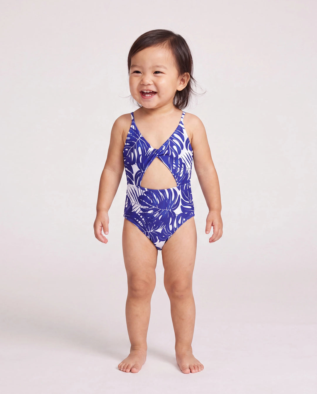Family Matching Tropical Leaf Print Swim Trunks or Hollow-out Crisscross Straps One-piece Swimsuit Blue