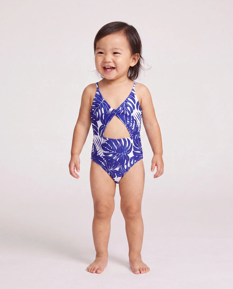 Family Matching Tropical Leaf Print Swim Trunks or Hollow-out Crisscross Straps One-piece Swimsuit Blue