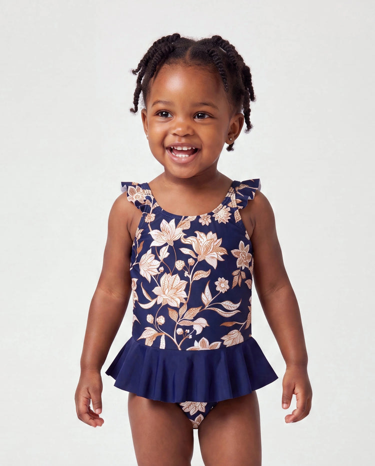 Daddy & Daughter Floral Print Swimsuits 2-in-1 One-Piece Swimsuit & Swim Trunks Deep Blue