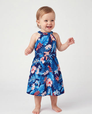 Ensemble vacances Daddy & Fille Chemise à imprimé floral tropical ou robes dos nu pour papa, maman, enfants & bébé, parfait pour vacances d'été & photos de famille Bleu foncé