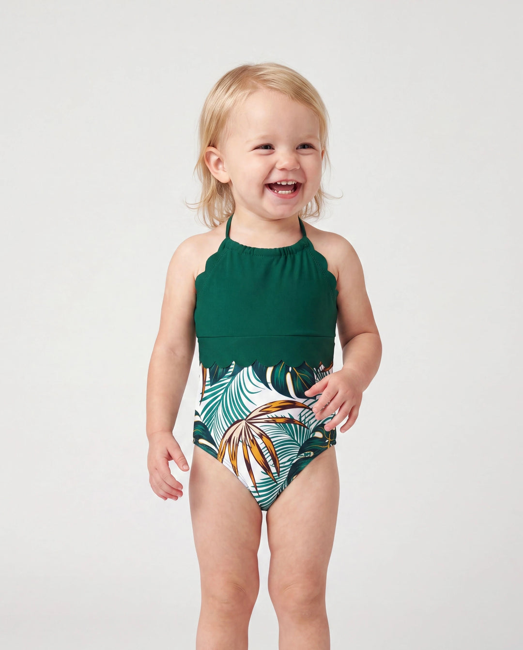 Maillot de Bain Une Pièce Maman & Moi à Imprimé Plantes sur Toute la Surface, Col V et Bretelles Spaghetti Vert Foncé