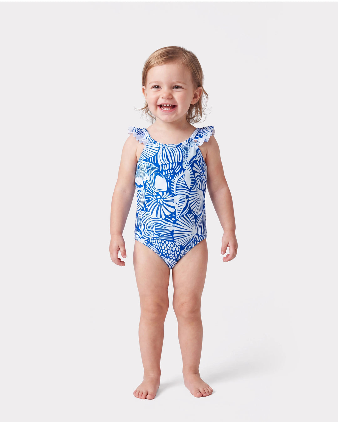 Matching Family Shell Print Swimwear Floral two-piece Bikini & Swim Shorts Set for Mom, Dad, & Kids, Perfect for Beach Days & Pool Parties Blue