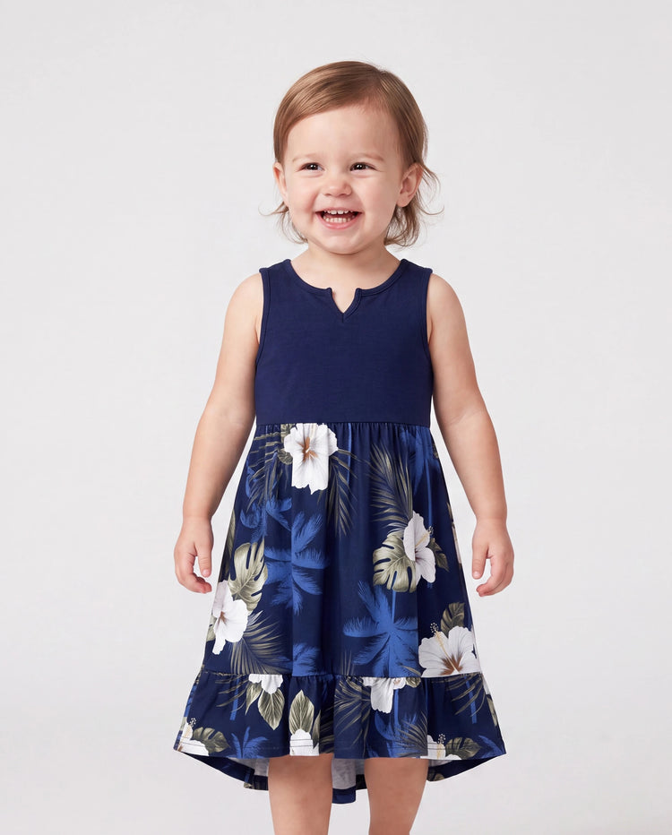 Conjunto Mamá y Yo Vestido sin Mangas con Estampado Floral y Detalles a Juego Azul Oscuro
