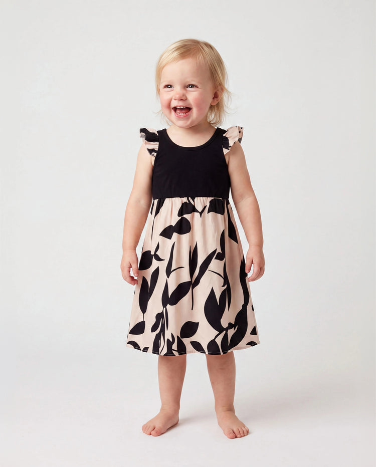 Mommy & me Cross Back Floral Strap Dress and Colorblock Top Sets Black