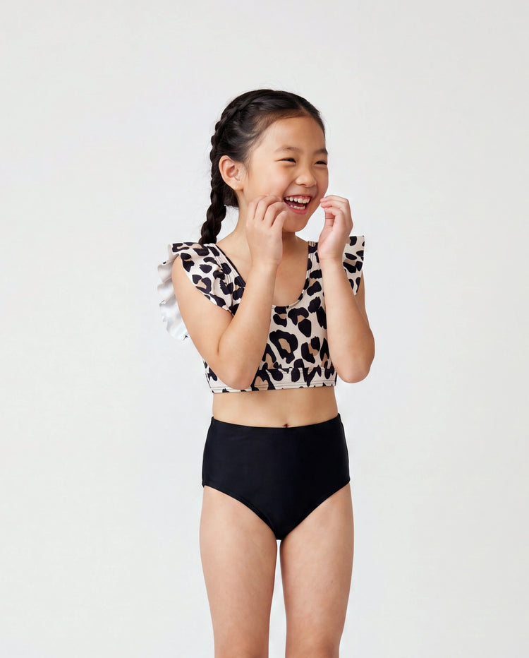 Daddy & Daughter Leopard Pattern Drawstring Swim Trunks or Ruffle Neck Two-Piece Bikini with Optional Cover Up Sarong Skirt Black