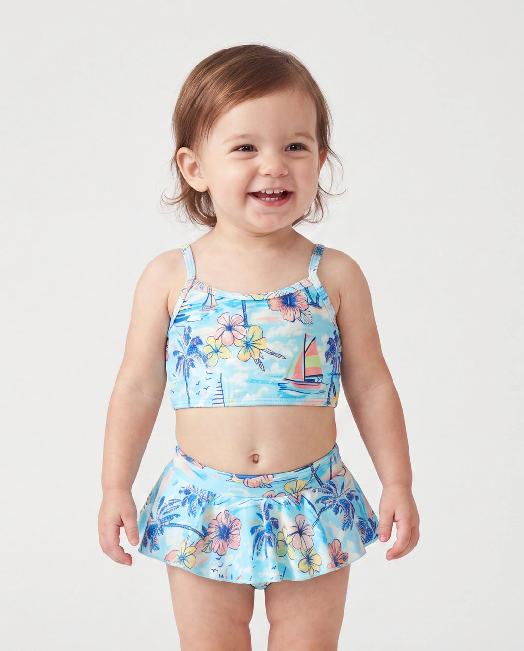Mommy & me Swimwear Tropical Print, Mommy Tie-front Cutout One-piece Swimsuit, Girl two-piece Swimsuit Daddy & Son Swim Trunks Set for Summer Beach Vacation Light Blue