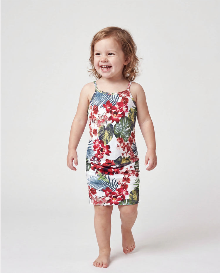 Mommy & me Floral Print Outfits Tropical Print Spaghetti Strap Body-con Dress for Mom & Daughter, Color-Blocked T-Shirts for Dad & Son Perfect for Summer Vacations & Family Photos Red