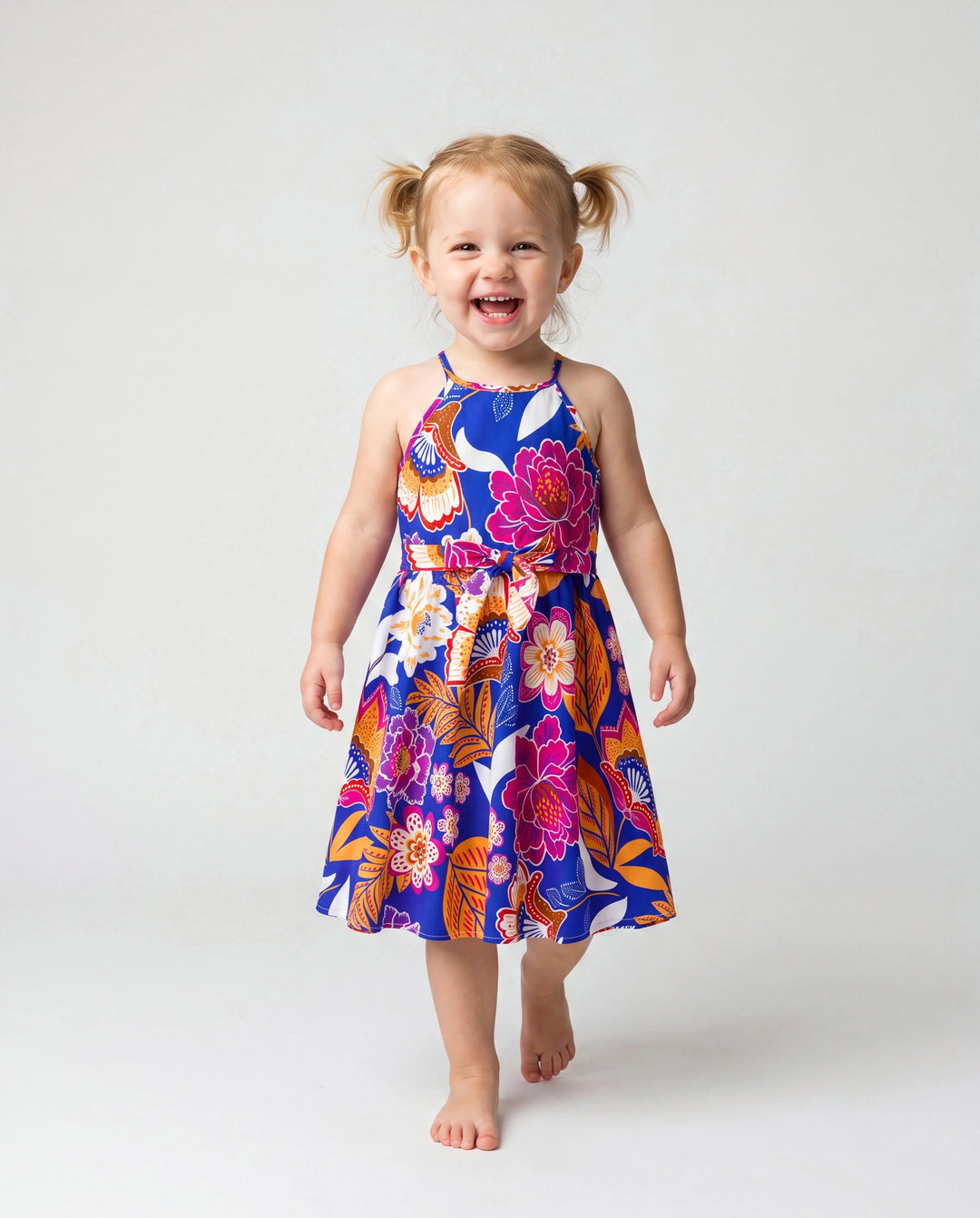 Tenues Hawaïennes Maman & Moi Robe Ceinturée à Bretelles à Imprimé Floral Tropical Marine