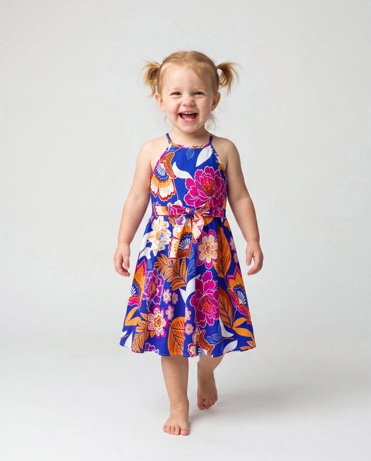 Tenues Hawaïennes Maman & Moi Robe Ceinturée à Bretelles à Imprimé Floral Tropical Marine