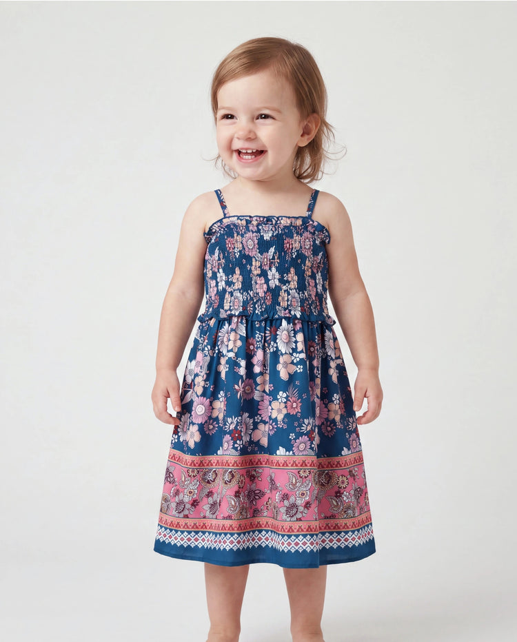 Tenues Maman & moi Chemise à col à manches courtes imprimé floral intégral ou robe sans manches à nouer pour les vacances d'été CYAN-