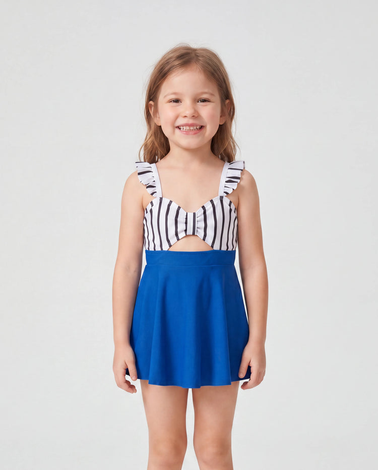 Daddy & Tochter Badeanzug Colorblock Badehose mit Tunnelzug oder gestreifter blauer Tankini mit gekreuztem Vorderteil, Bindeband am Rücken und dünnen Trägern Colorblock