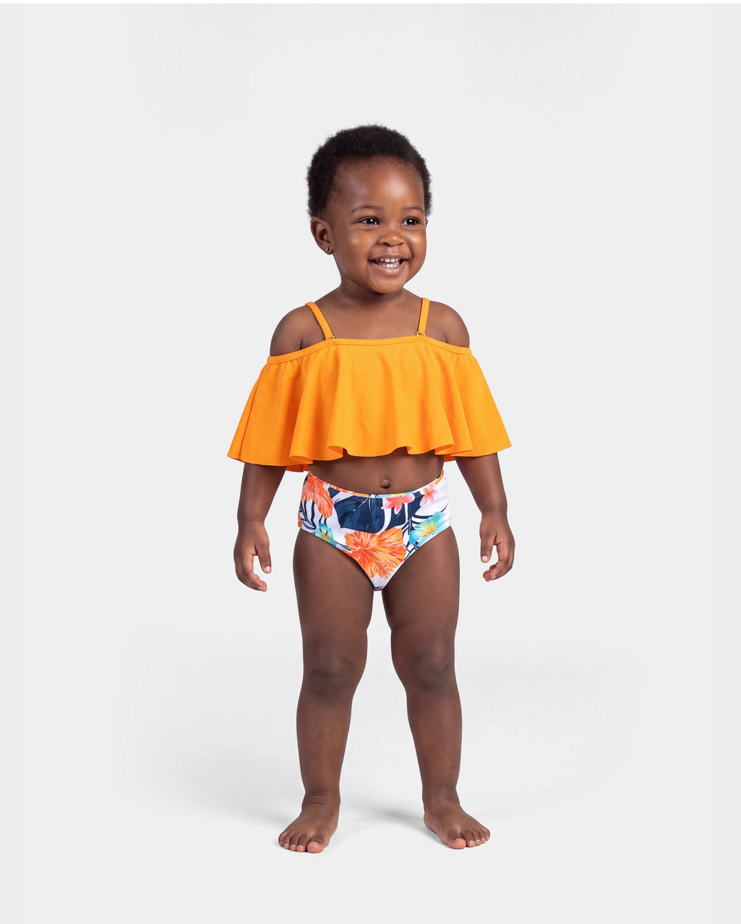 Passende Familien-Bademode Tropical Floral Bikini-Set mit Rüschentop für Mama & Tochter, Boardshorts für Papa & Sohn, Leuchtende Sommer-Strandoutfits Orange