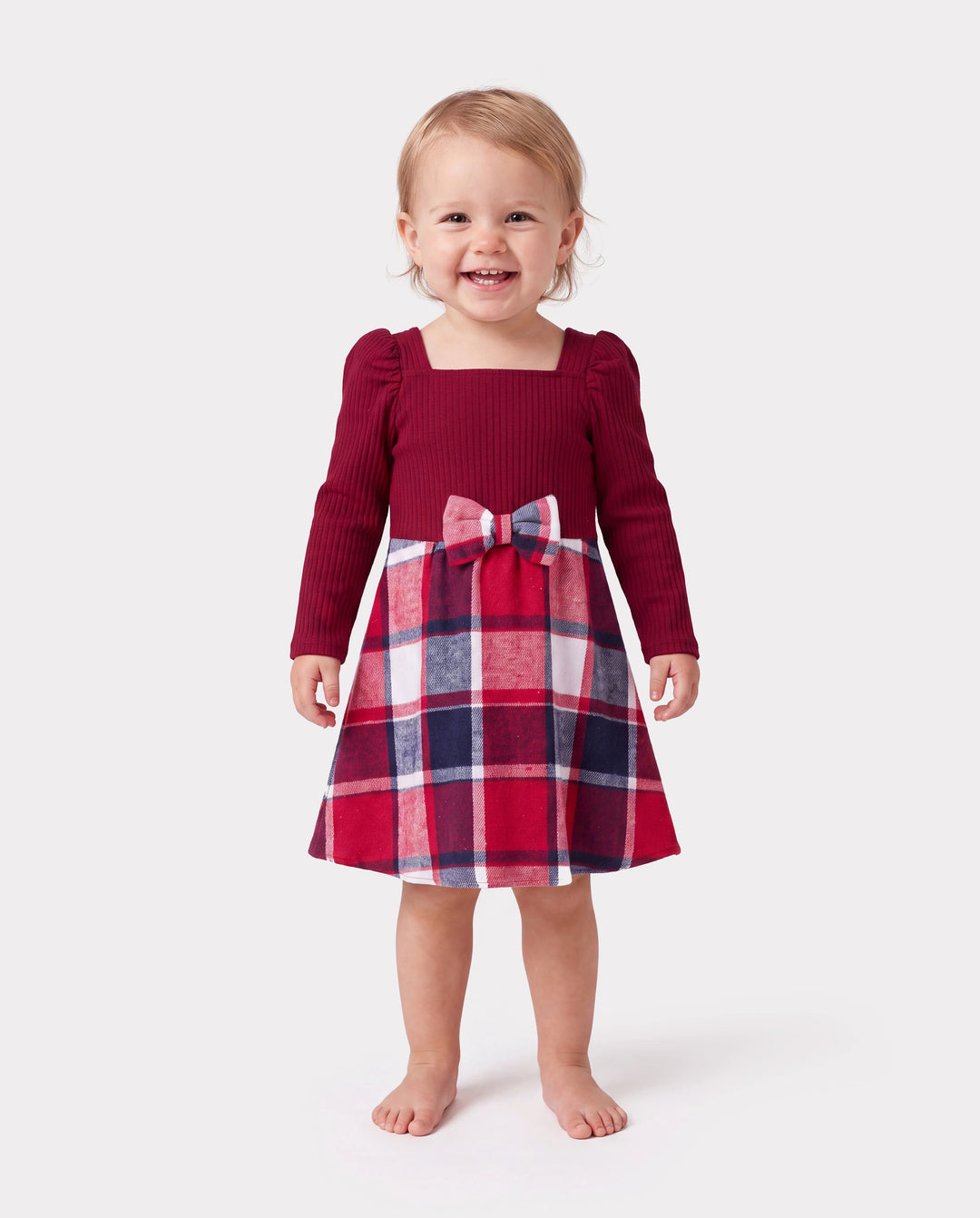 Passendes Familienoutfit-Set Langarmhemd und schulterfreies langärmeliges kariertes Strickkleid mit Spleißen Burgundy