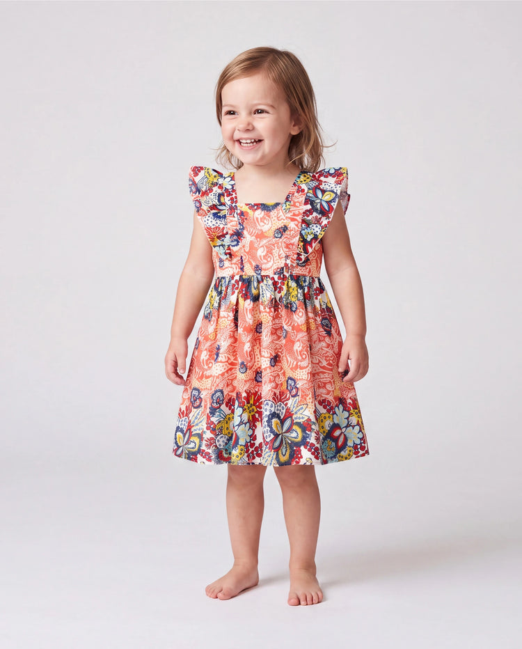 Mommy & me Casual Outfit Colorblock Polo Collar T-shirt or Floral Print Flutter Sleeveless Dress Set Orange red