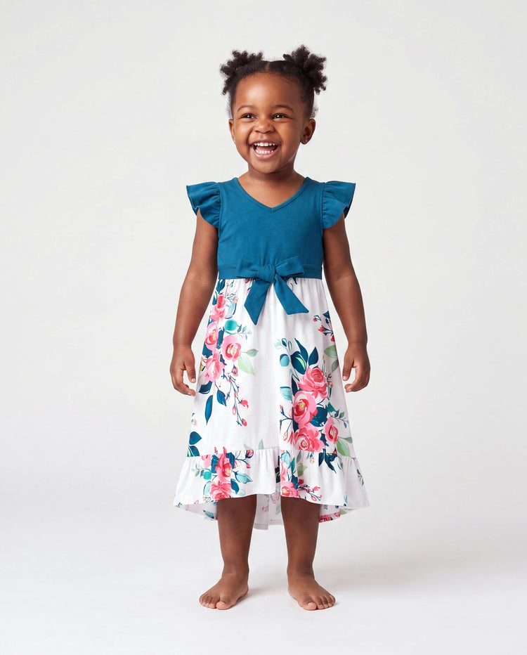 Conjuntos de vestidos para mamá y niña con escote en V sólido, mangas con volantes y combinación de estampado floral Azul celeste-