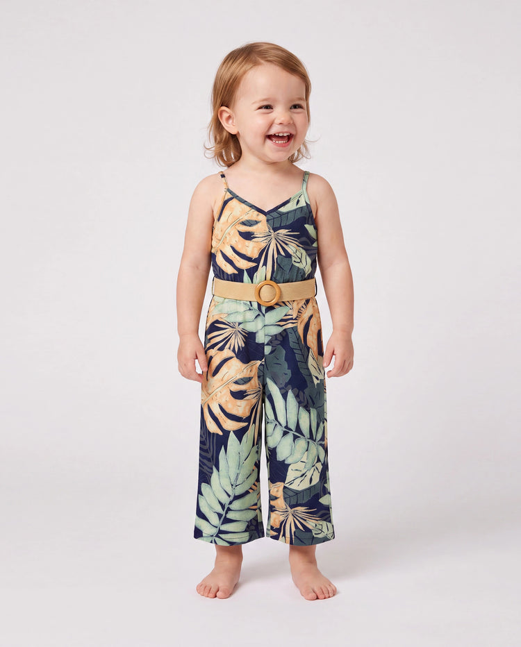 Mommy and Me Tropical Leaf Print Jumpsuit Set, Spaghetti Strap Belted Matching Outfits for Summer Beach Vacation Tibetan blue