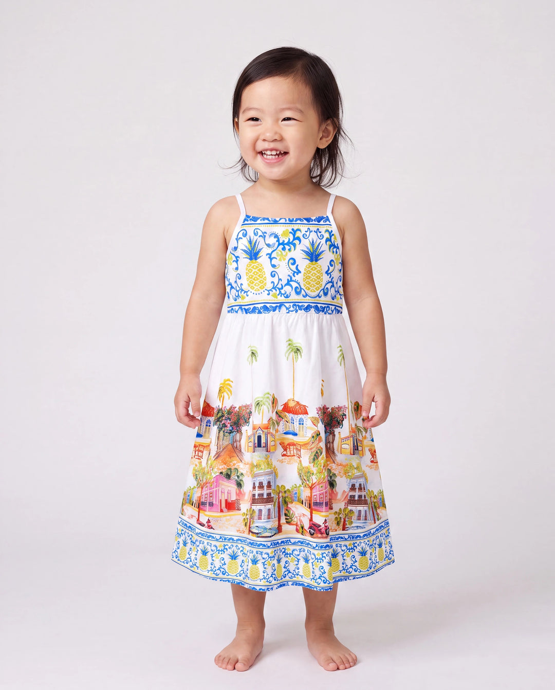 Family Matching Vacation Set Tropical Pineapple Coconut Tree Print Short-sleeve T-shirt or Hollow out Strap Dress for Summer Vacation  White