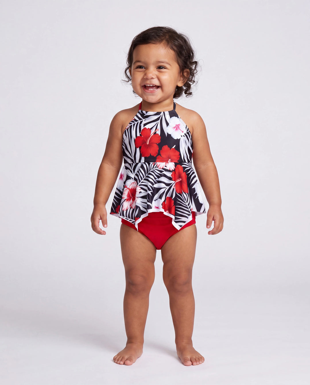 Family Matching Tropical Floral Swim Trunk or 2 Pieces Halter Swimsuit Black