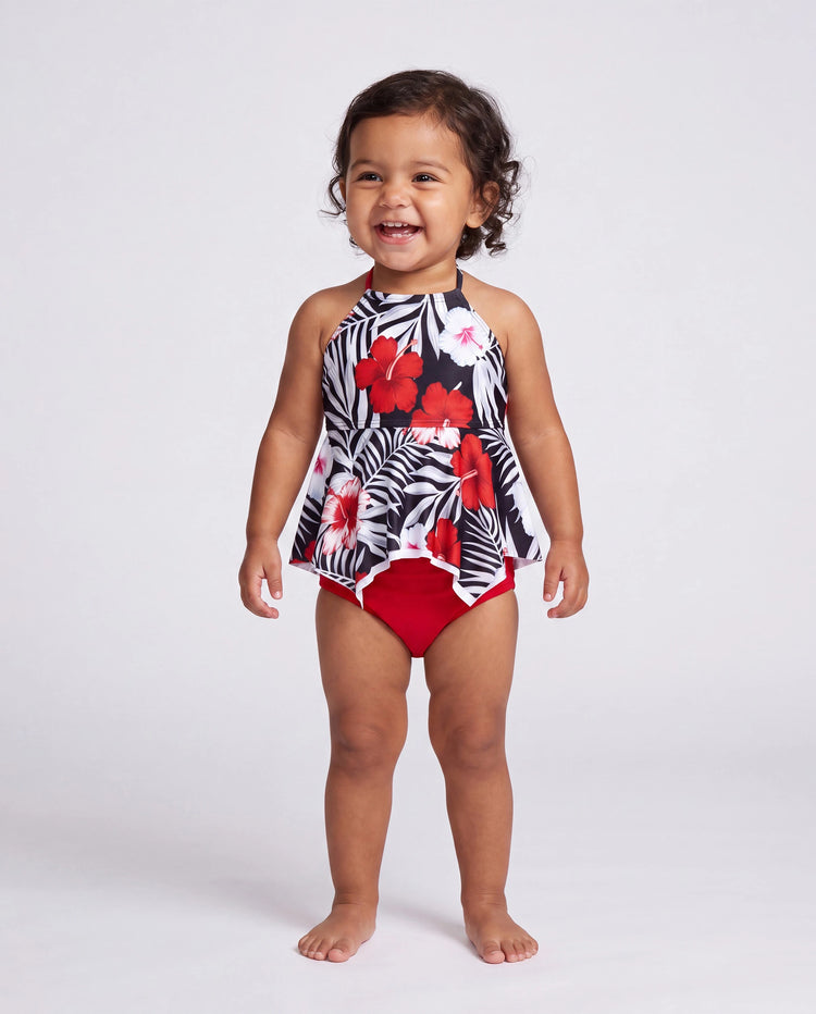 Family Matching Tropical Floral Swim Trunk or 2 Pieces Halter Swimsuit Black